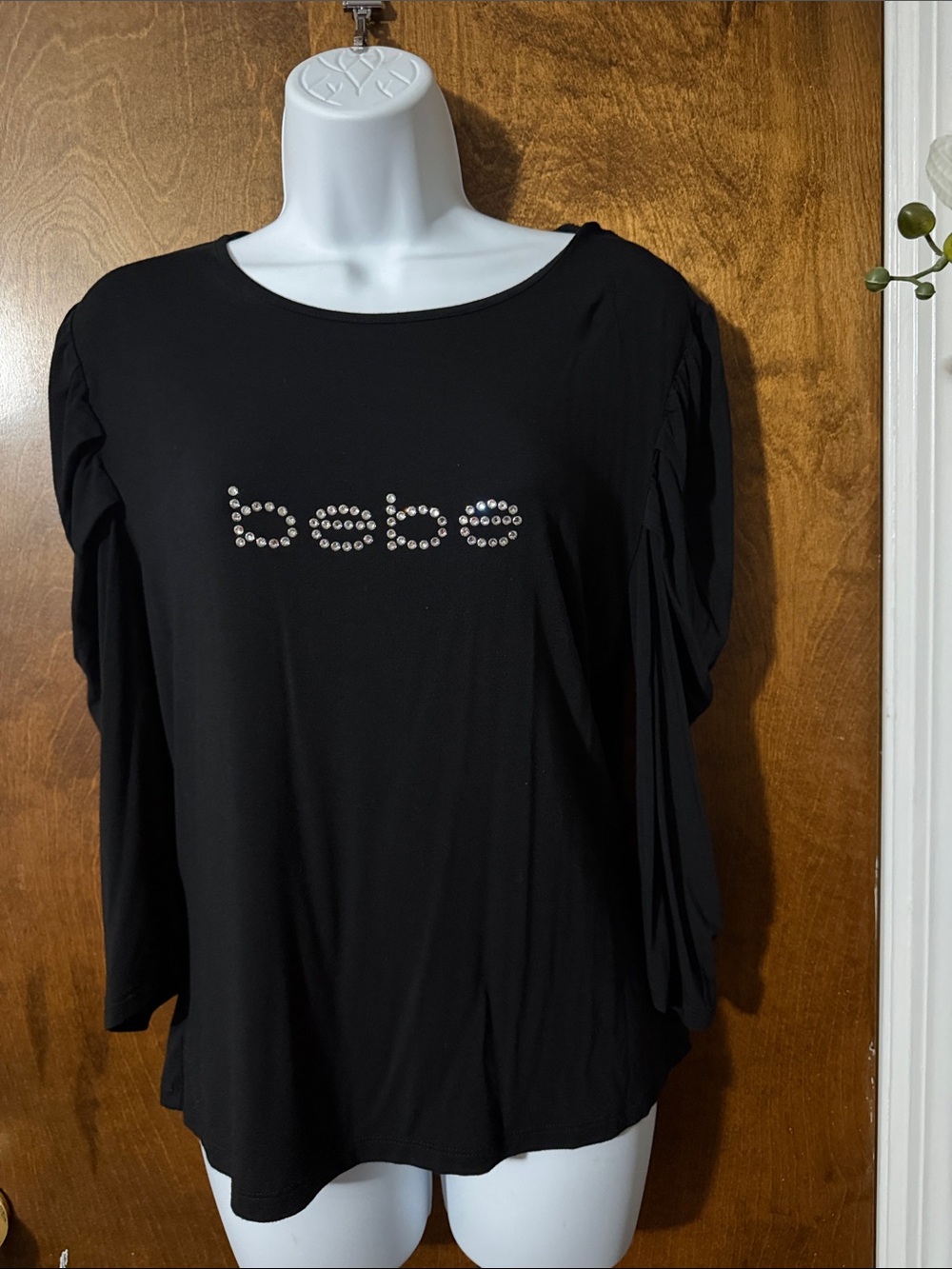bebe Black Long Sleeve Top with Crystal Logo